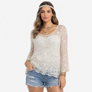 Breeze Ever Crochet Lace Tunic Top Women's M Ivory Excellent Boho Cottagecore